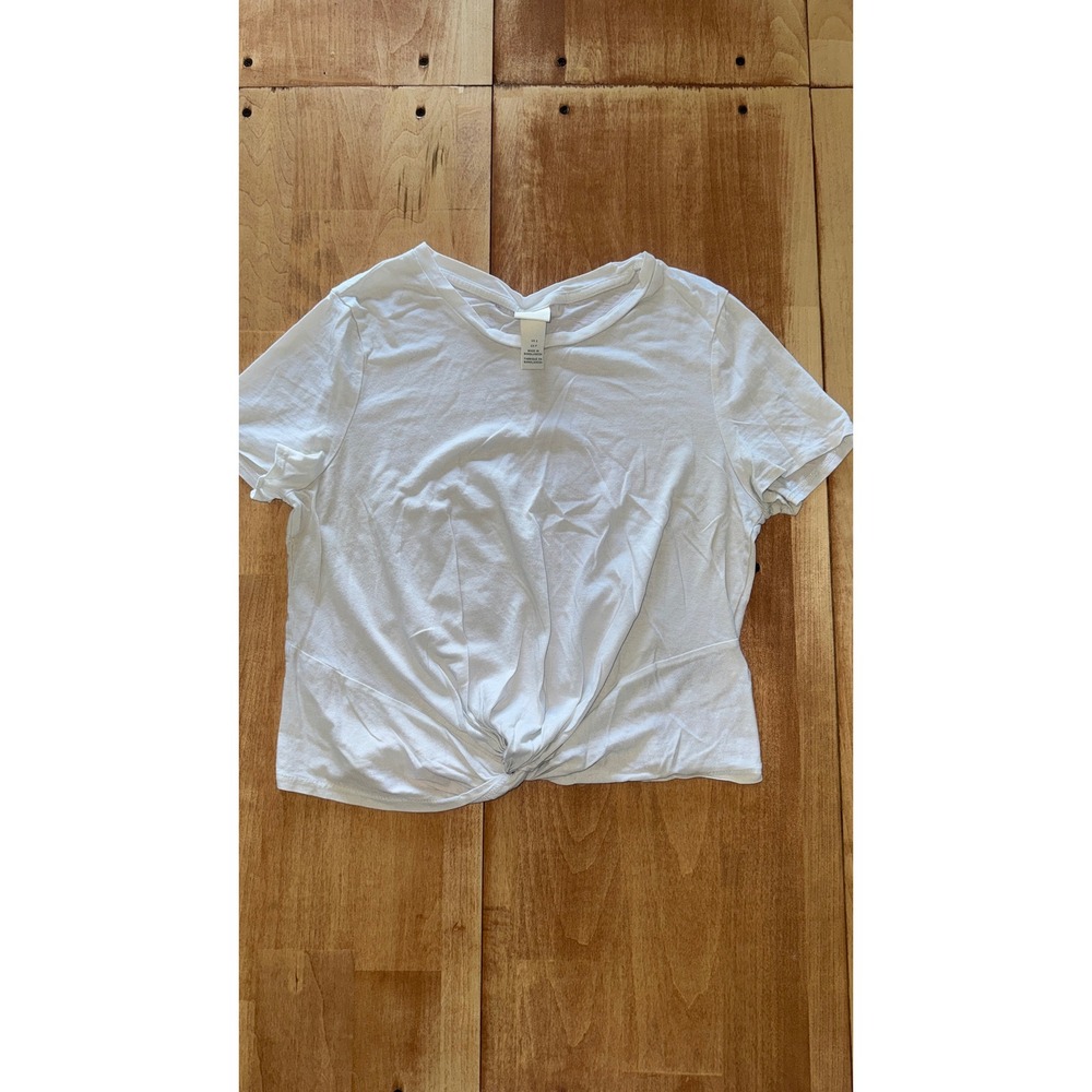 HM‎ White Front Twist Knot Short Sleeve Crop Tee Shirt Small